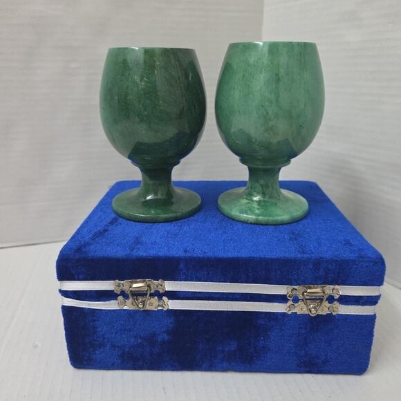 Set Of 2 Vintage Green Onyx Stone Goblet Chalice 5" Marble Cup - Picture 10 of 13
